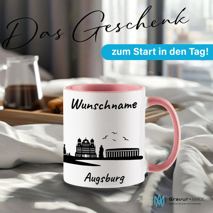 Tasse in Rosa 330ml bedruckt mit der Skyline von Augsburg personalisierbar mit Wunschname
