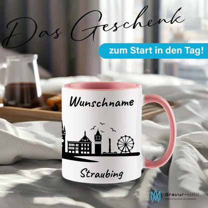 Tasse in Rosa 330ml bedruckt mit der Skyline von Straubing personalisierbar mit Wunschname