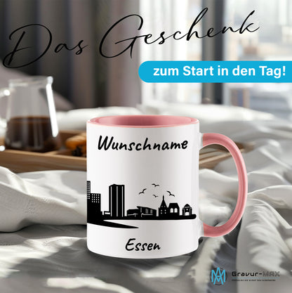Tasse in Rosa 330ml bedruckt mit der Skyline von Essen personalisierbar mit Wunschname