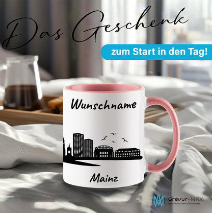 Tasse in Rosa 330ml bedruckt mit der Skyline von Mainz personalisierbar mit Wunschname