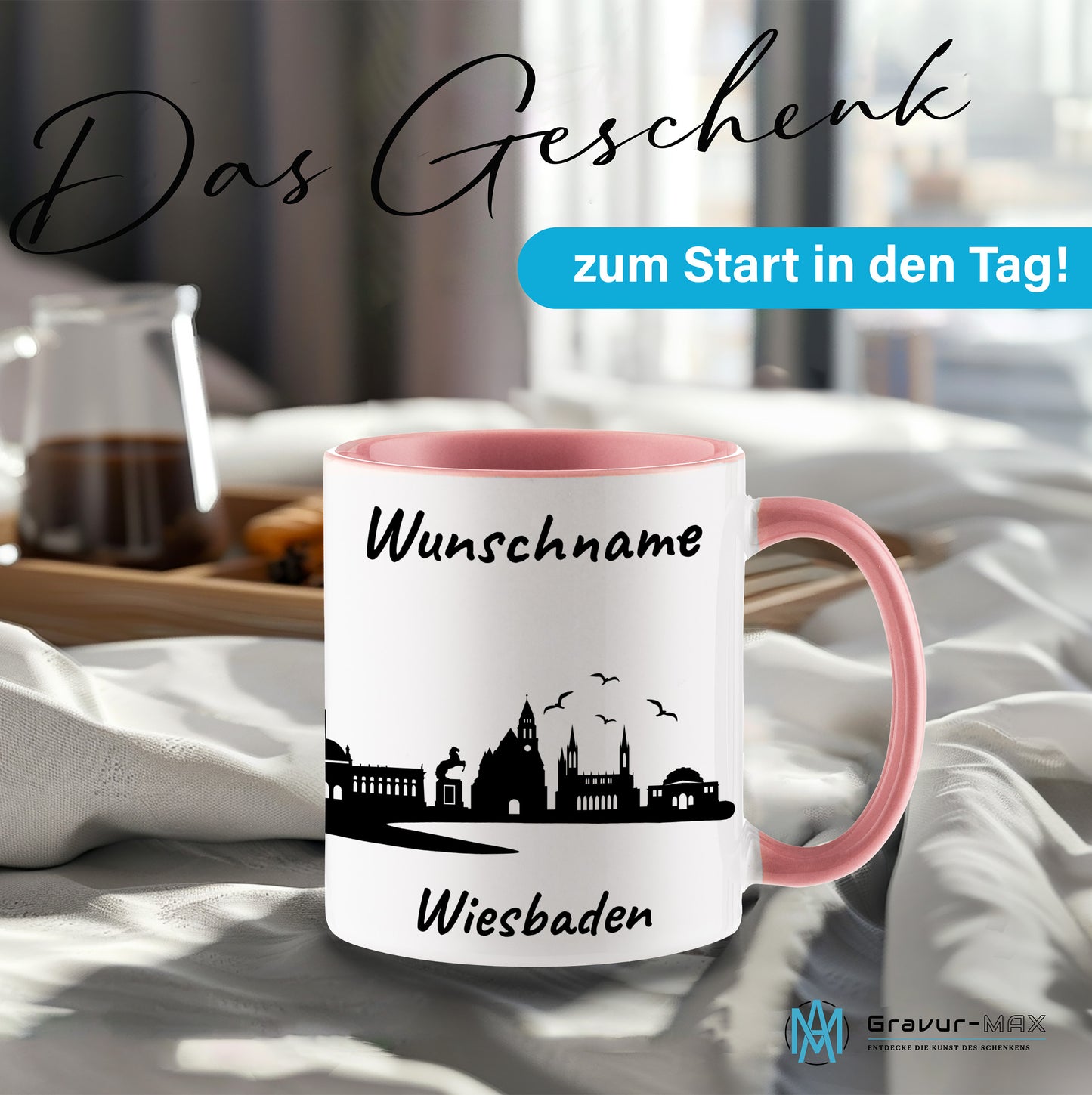 Tasse in Rosa 330ml bedruckt mit der Skyline von Wiesbaden personalisierbar mit Wunschname