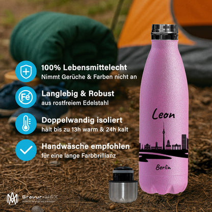 Glitzer Trinkflasche in Rosa 500ml aus Edelstahl bedruckt mit der Skyline von Berlin personalisierbar mit Wunschname