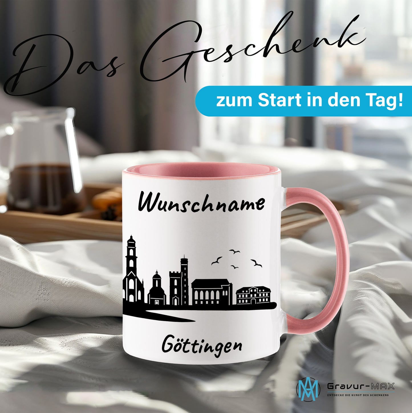Tasse in Rosa 330ml bedruckt mit der Skyline von Göttingen personalisierbar mit Wunschname