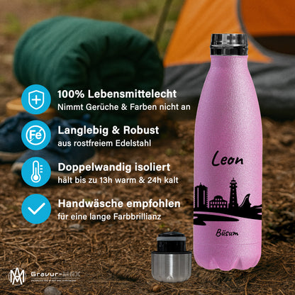Glitzer Trinkflasche in Rosa 500ml aus Edelstahl bedruckt mit der Skyline von Büsum personalisierbar mit Wunschname
