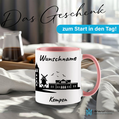 Tasse in Rosa 330ml bedruckt mit der Skyline von Kempen personalisierbar mit Wunschname