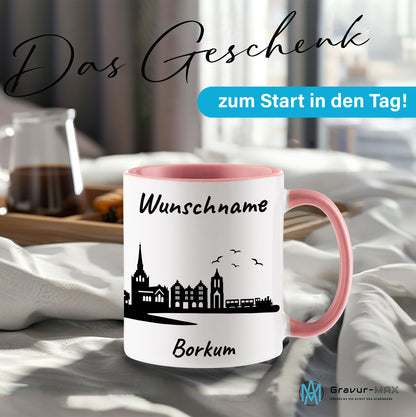 Tasse in Rosa 330ml bedruckt mit der Skyline von Borkum personalisierbar mit Wunschname