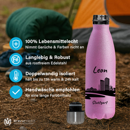 Glitzer Trinkflasche in Rosa 500ml aus Edelstahl bedruckt mit der Skyline von Stuttgart personalisierbar mit Wunschname