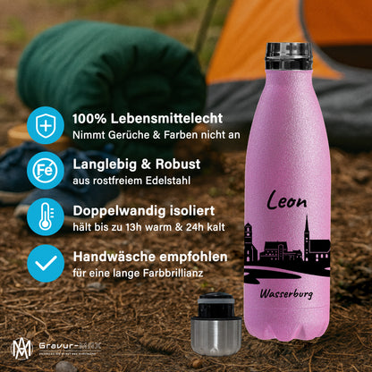 Glitzer Trinkflasche in Rosa 500ml aus Edelstahl bedruckt mit der Skyline von Wasserburg personalisierbar mit Wunschname
