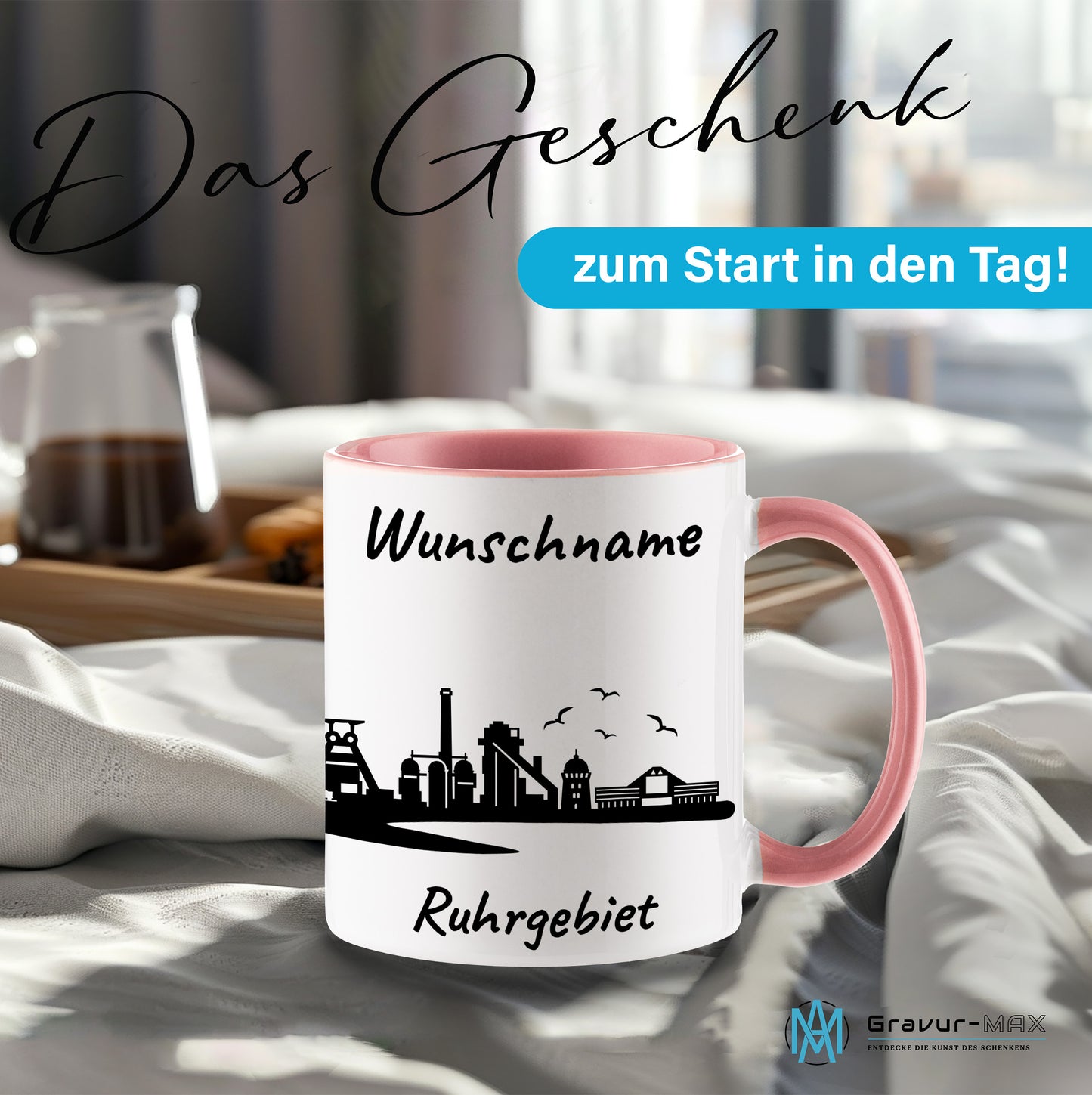 Tasse in Rosa 330ml bedruckt mit der Skyline von Ruhrgebiet personalisierbar mit Wunschname