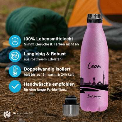 Glitzer Trinkflasche in Rosa 500ml aus Edelstahl bedruckt mit der Skyline von Duisburg personalisierbar mit Wunschname