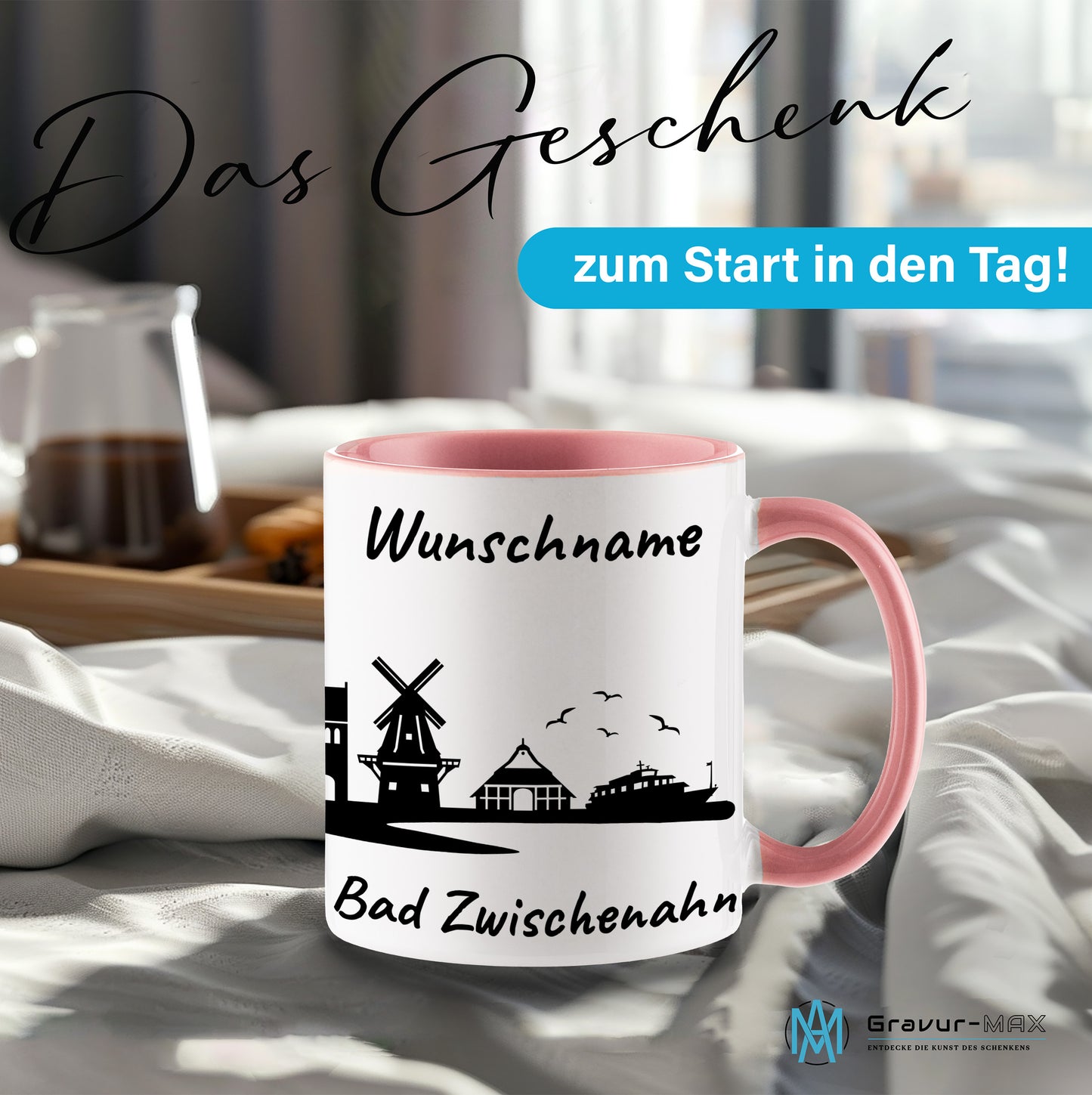 Tasse in Rosa 330ml bedruckt mit der Skyline von Bad Zwischenahn personalisierbar mit Wunschname