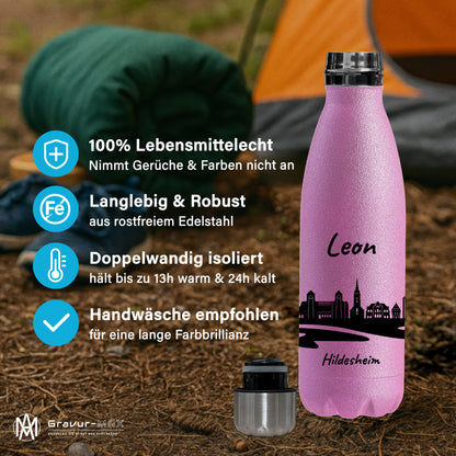 Glitzer Trinkflasche in Rosa 500ml aus Edelstahl bedruckt mit der Skyline von Hildesheim personalisierbar mit Wunschname
