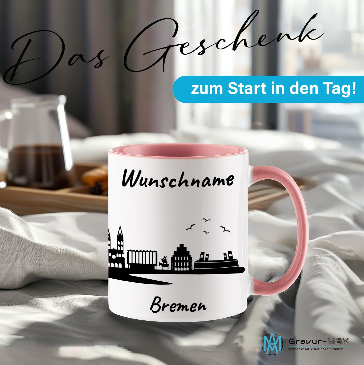 Tasse in Rosa 330ml bedruckt mit der Skyline von Bremen personalisierbar mit Wunschname