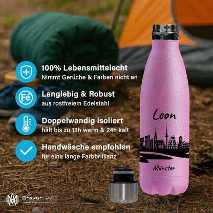 Glitzer Trinkflasche in Rosa 500ml aus Edelstahl bedruckt mit der Skyline von Münster personalisierbar mit Wunschname