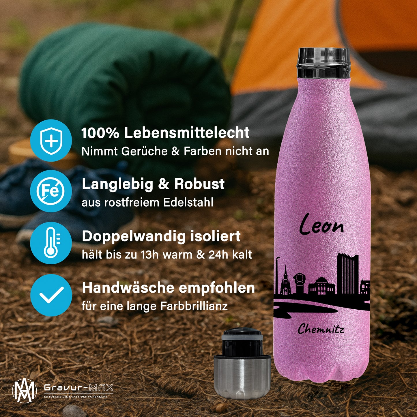 Glitzer Trinkflasche in Rosa 500ml aus Edelstahl bedruckt mit der Skyline von Chemnitz personalisierbar mit Wunschname