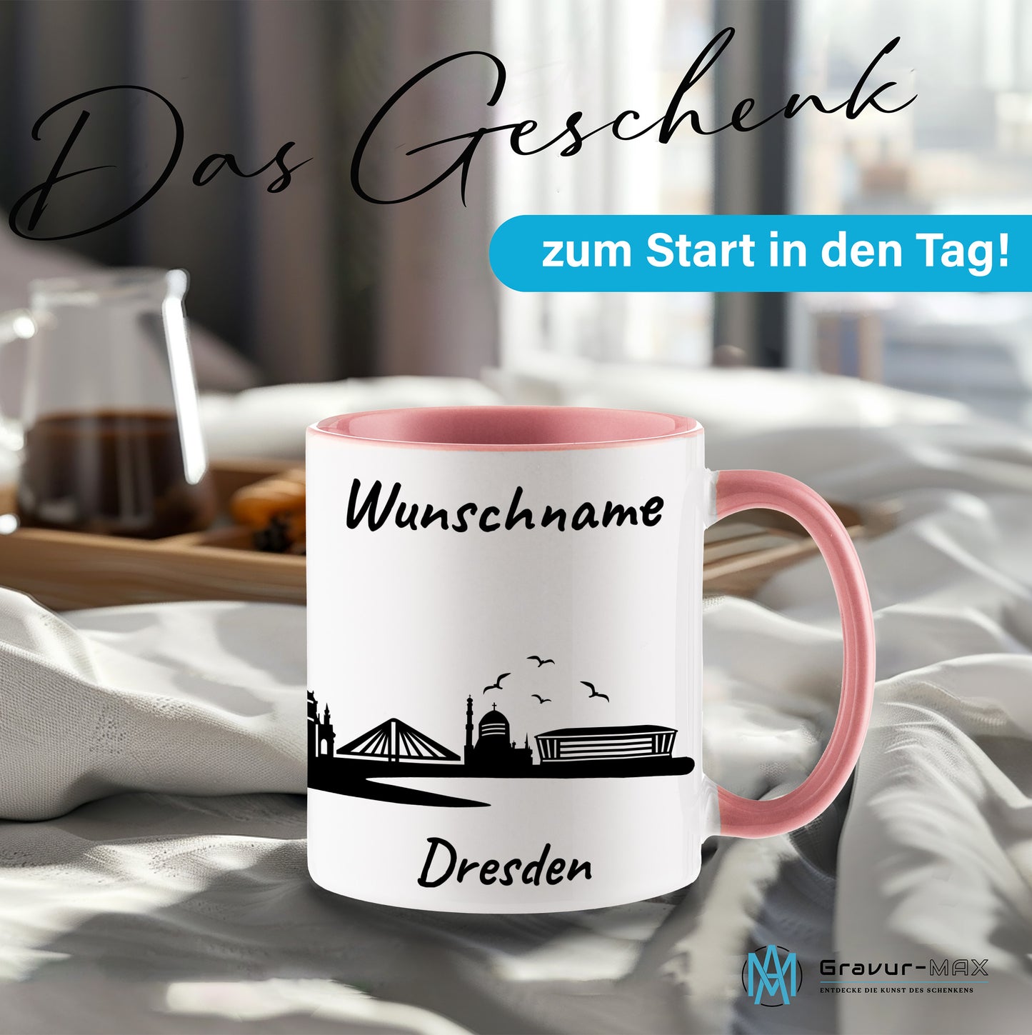 Tasse in Rosa 330ml bedruckt mit der Skyline von Dresden personalisierbar mit Wunschname