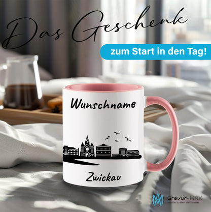 Tasse in Rosa 330ml bedruckt mit der Skyline von Zwickau personalisierbar mit Wunschname