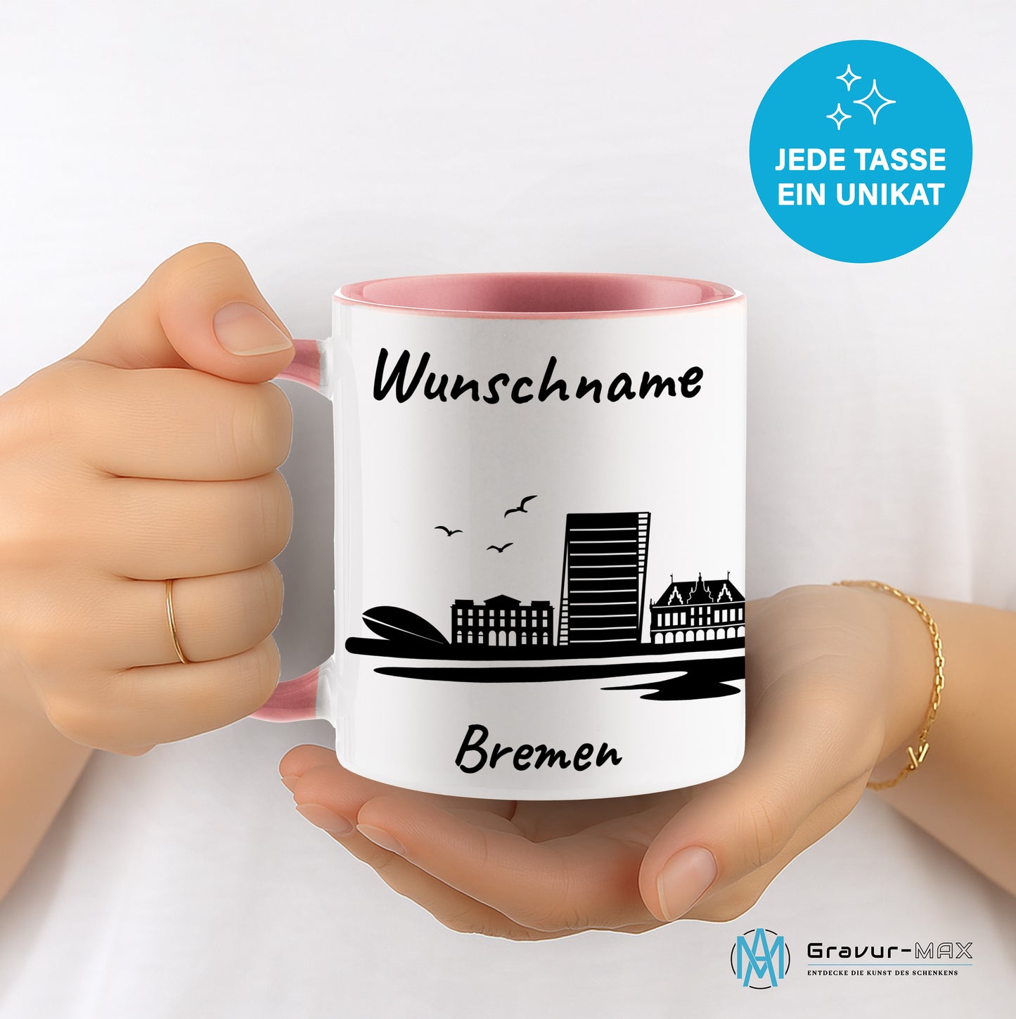 Tasse in Rosa 330ml bedruckt mit der Skyline von Bremen personalisierbar mit Wunschname