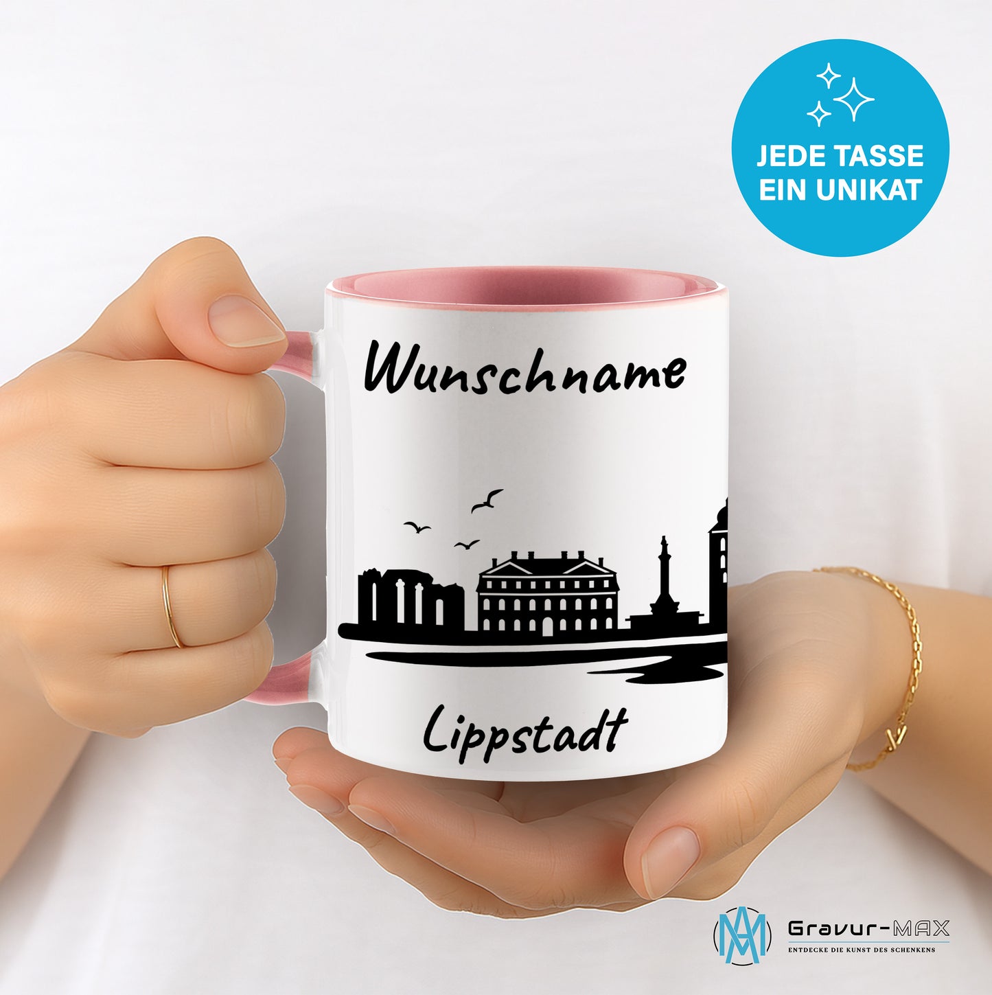Tasse in Rosa 330ml bedruckt mit der Skyline von Lippstadt personalisierbar mit Wunschname
