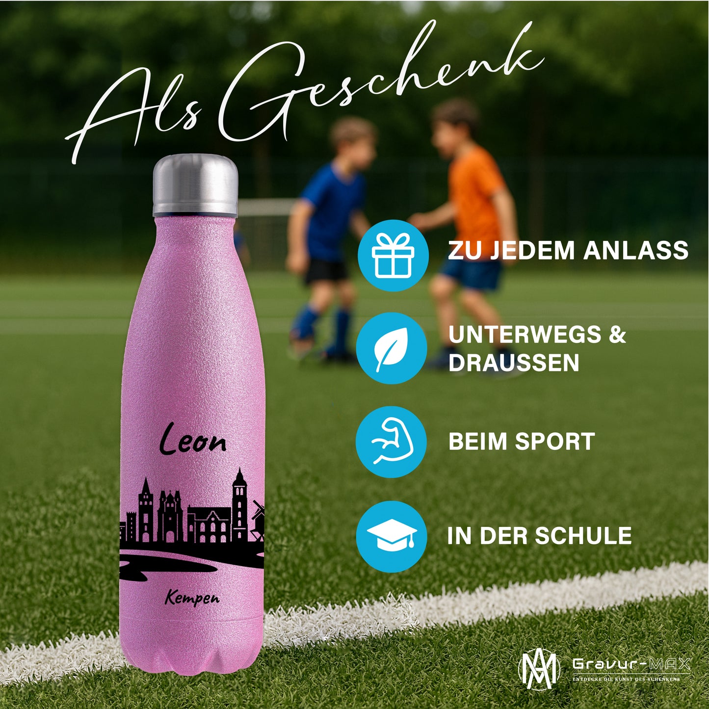 Glitzer Trinkflasche in Rosa 500ml aus Edelstahl bedruckt mit der Skyline von Kempen personalisierbar mit Wunschname