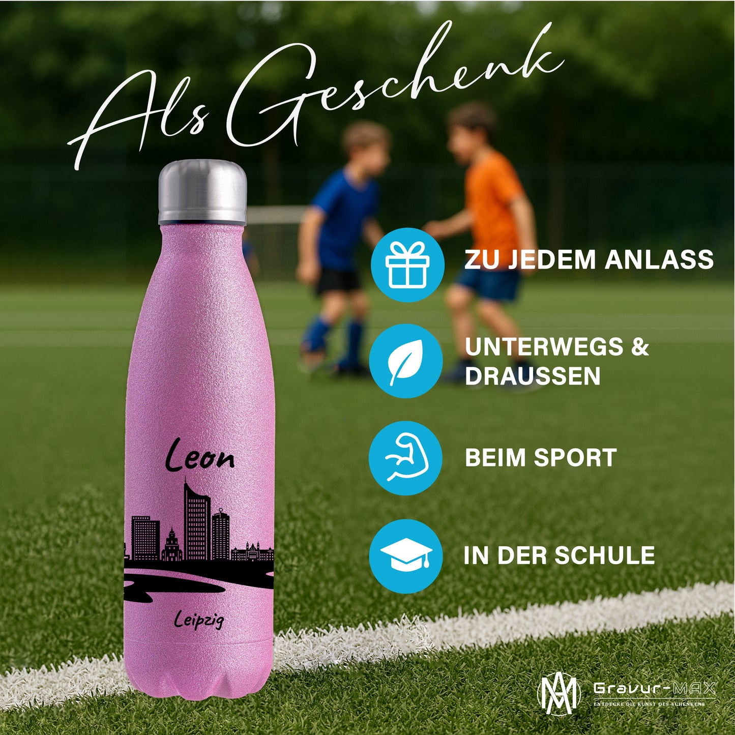 Glitzer Trinkflasche in Rosa 500ml aus Edelstahl bedruckt mit der Skyline von Leipzig personalisierbar mit Wunschname