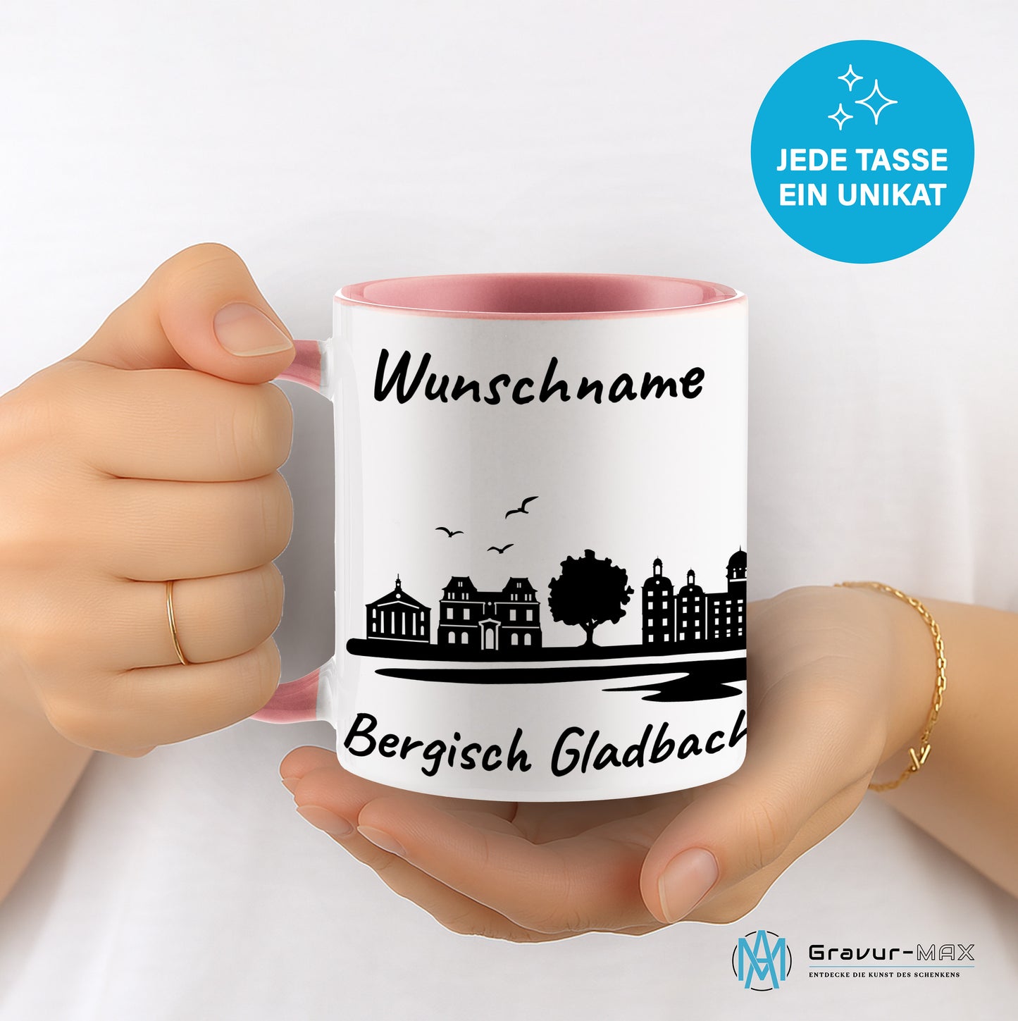 Tasse in Rosa 330ml bedruckt mit der Skyline von Bergisch Gladbach personalisierbar mit Wunschname