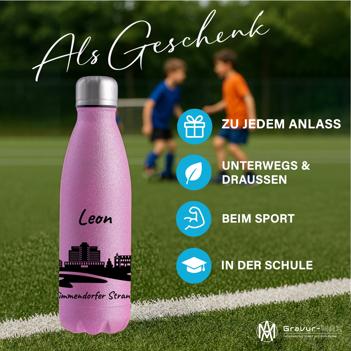Glitzer Trinkflasche in Rosa 500ml aus Edelstahl bedruckt mit der Skyline von Timmendorfer Strand personalisierbar mit Wunschname