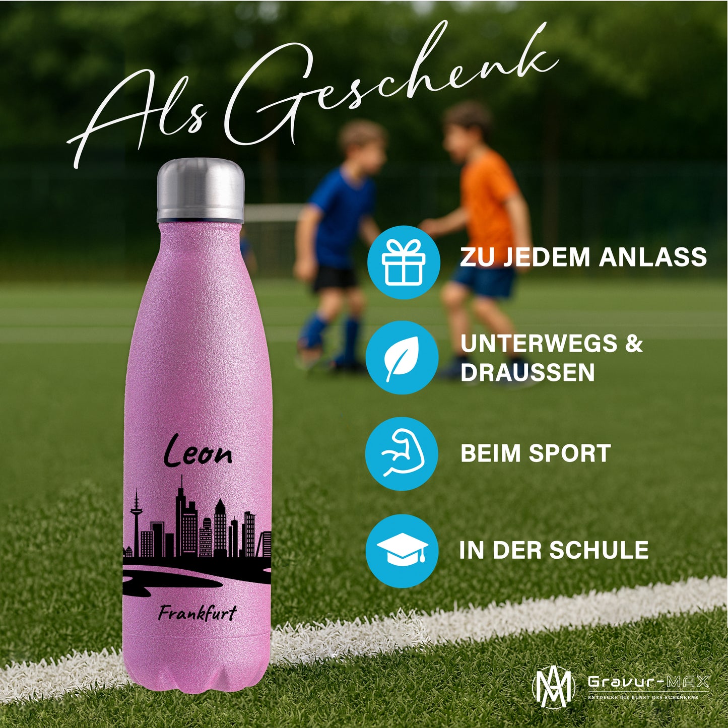 Glitzer Trinkflasche in Rosa 500ml aus Edelstahl bedruckt mit der Skyline von Frankfurt personalisierbar mit Wunschname