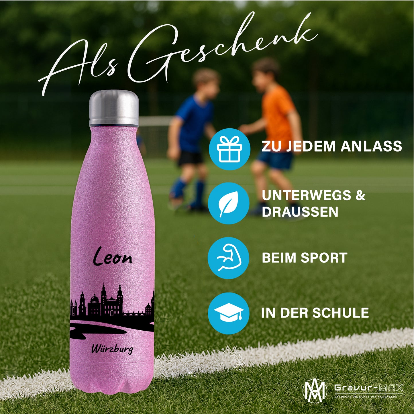 Glitzer Trinkflasche in Rosa 500ml aus Edelstahl bedruckt mit der Skyline von Würzburg personalisierbar mit Wunschname