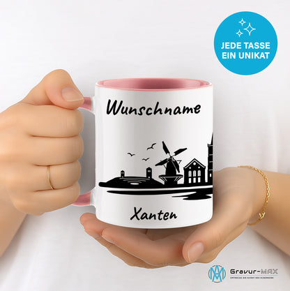 Tasse in Rosa 330ml bedruckt mit der Skyline von Xanten personalisierbar mit Wunschname