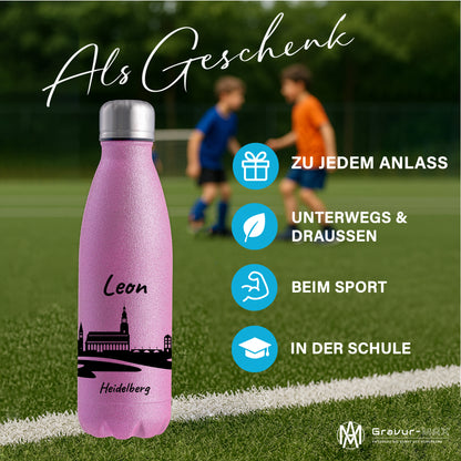 Glitzer Trinkflasche in Rosa 500ml aus Edelstahl bedruckt mit der Skyline von Heidelberg personalisierbar mit Wunschname