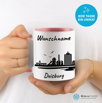Tasse in Rosa 330ml bedruckt mit der Skyline von Duisburg personalisierbar mit Wunschname