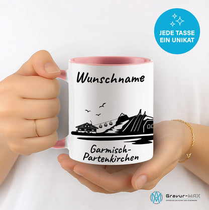Tasse in Rosa 330ml bedruckt mit der Skyline von Garmisch-Partenkirchen personalisierbar mit Wunschname