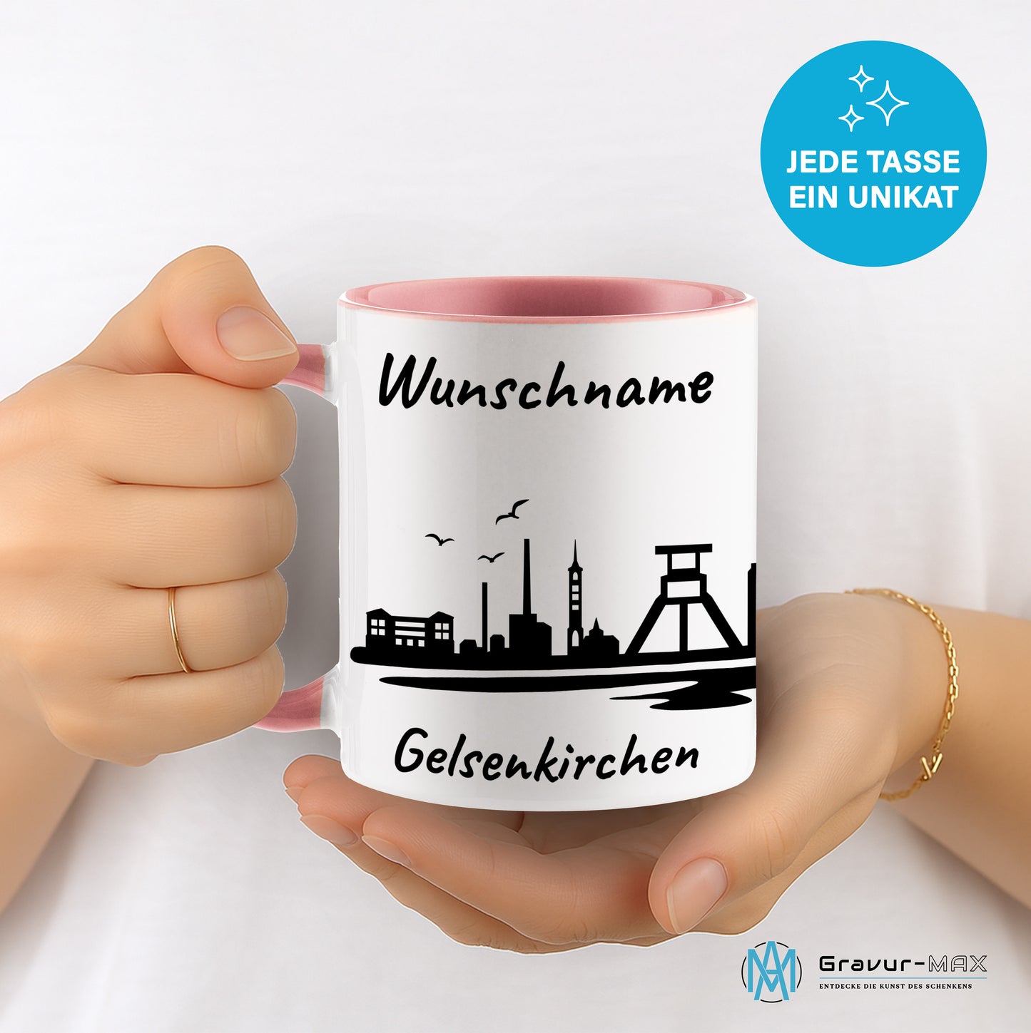 Tasse in Rosa 330ml bedruckt mit der Skyline von Gelsenkirchen personalisierbar mit Wunschname