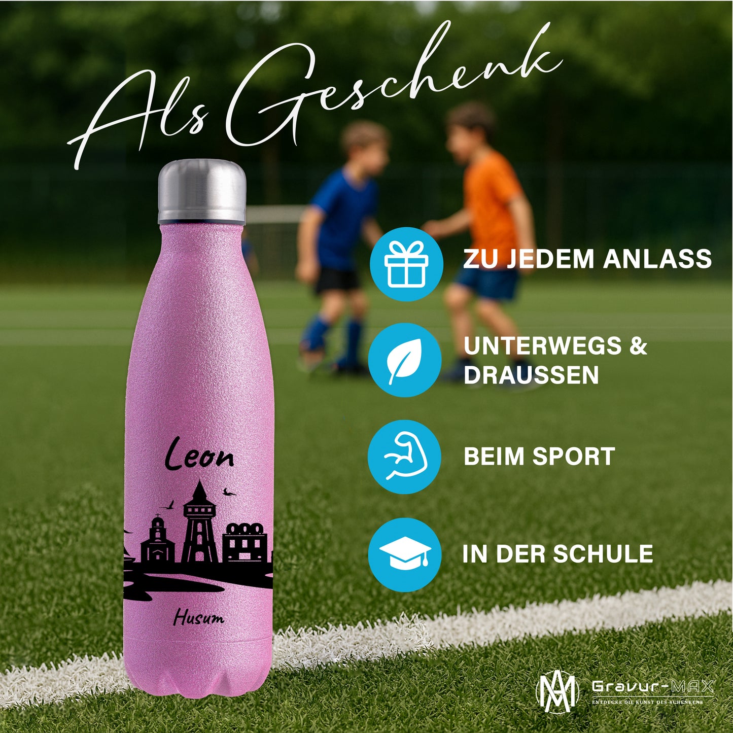 Glitzer Trinkflasche in Rosa 500ml aus Edelstahl bedruckt mit der Skyline von Husum personalisierbar mit Wunschname