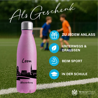 Glitzer Trinkflasche in Rosa 500ml aus Edelstahl bedruckt mit der Skyline von Wasserburg personalisierbar mit Wunschname