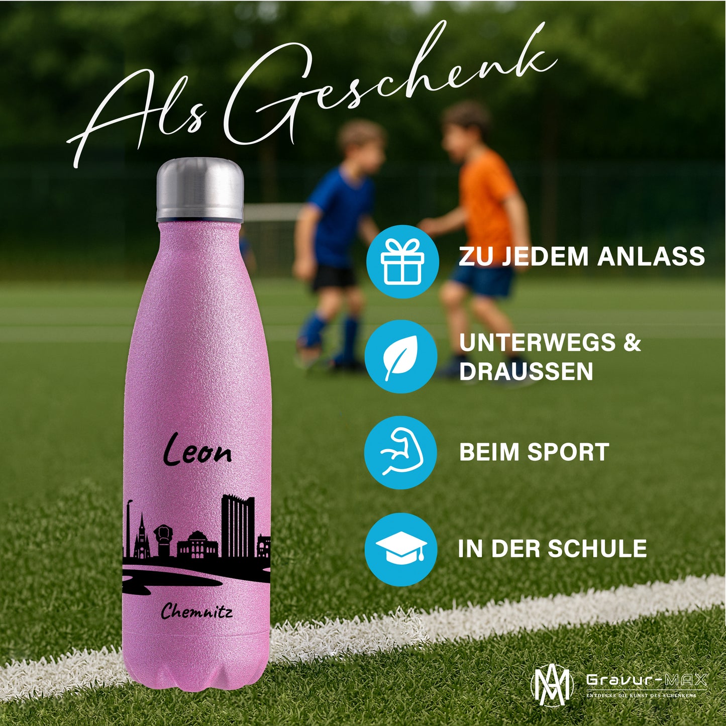 Glitzer Trinkflasche in Rosa 500ml aus Edelstahl bedruckt mit der Skyline von Chemnitz personalisierbar mit Wunschname