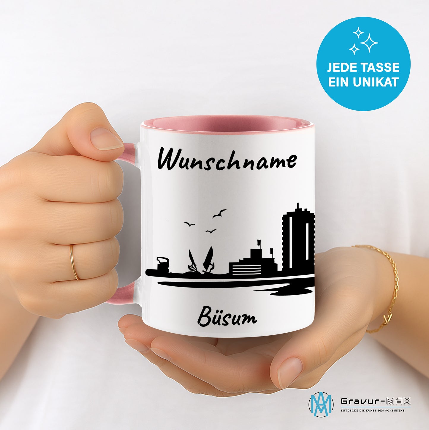 Tasse in Rosa 330ml bedruckt mit der Skyline von Büsum personalisierbar mit Wunschname
