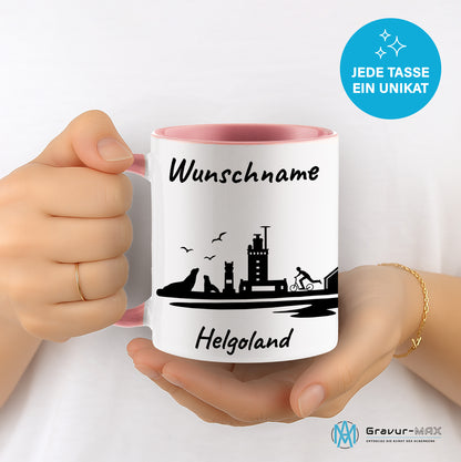 Tasse in Rosa 330ml bedruckt mit der Skyline von Helgoland personalisierbar mit Wunschname