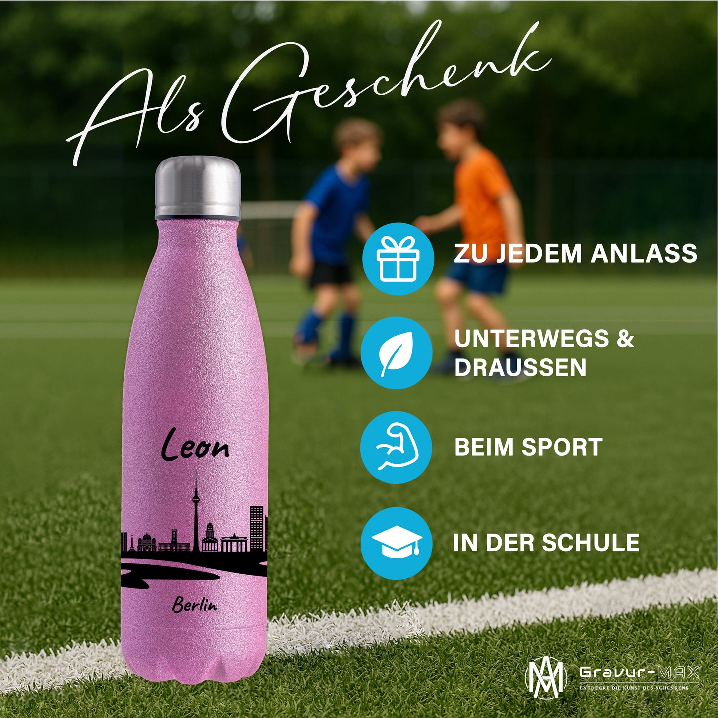 Glitzer Trinkflasche in Rosa 500ml aus Edelstahl bedruckt mit der Skyline von Berlin personalisierbar mit Wunschname