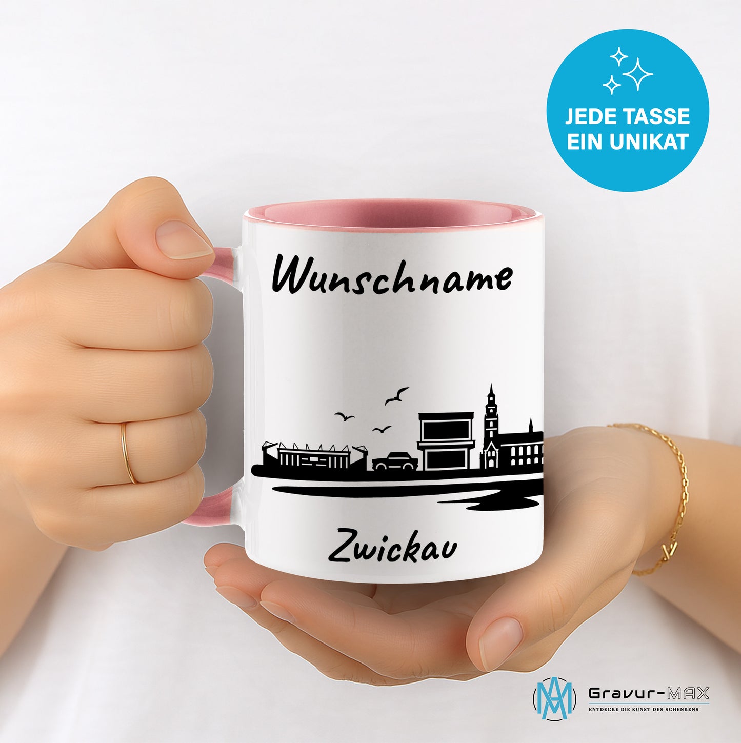 Tasse in Rosa 330ml bedruckt mit der Skyline von Zwickau personalisierbar mit Wunschname