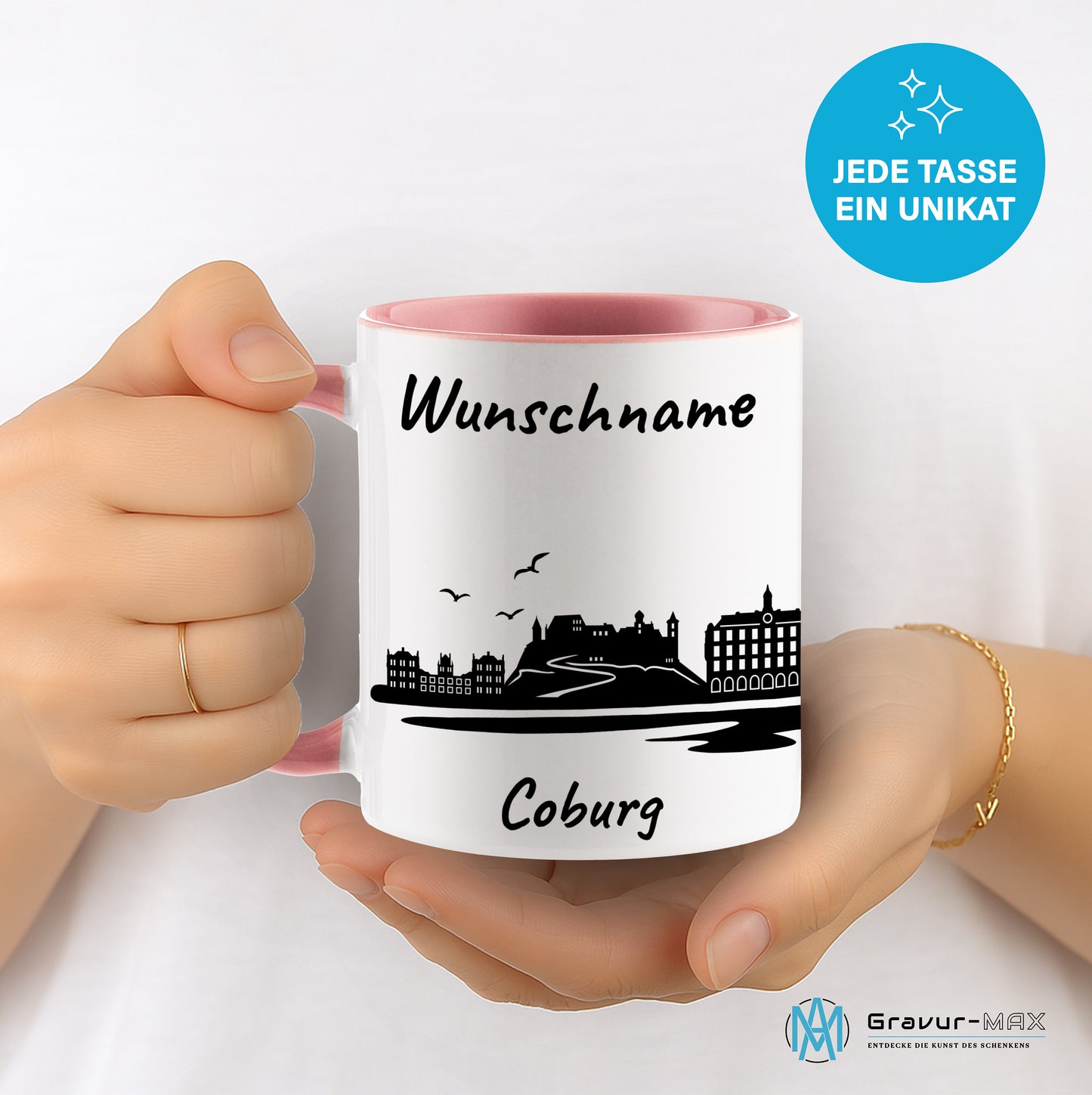 Tasse in Rosa 330ml bedruckt mit der Skyline von Coburg personalisierbar mit Wunschname