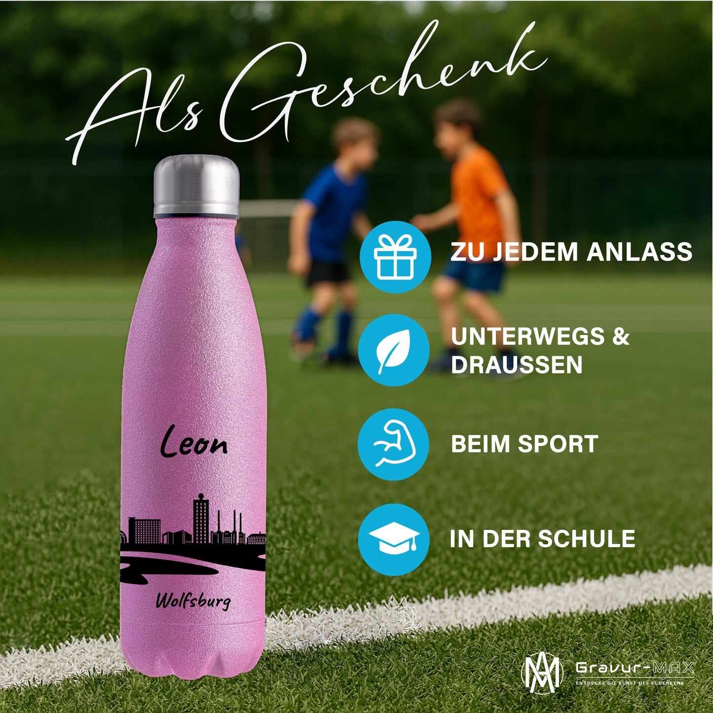 Glitzer Trinkflasche in Rosa 500ml aus Edelstahl bedruckt mit der Skyline von Wolfsburg personalisierbar mit Wunschname