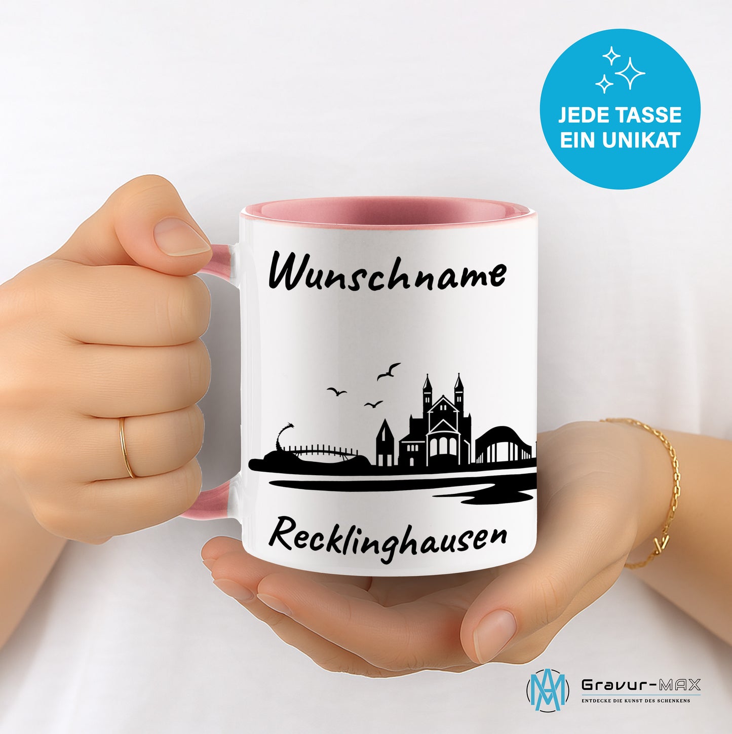 Tasse in Rosa 330ml bedruckt mit der Skyline von Recklinghausen personalisierbar mit Wunschname