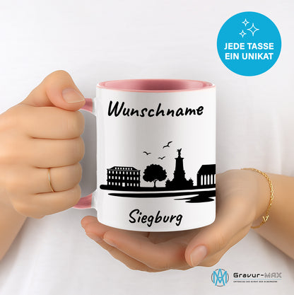 Tasse in Rosa 330ml bedruckt mit der Skyline von Siegburg personalisierbar mit Wunschname