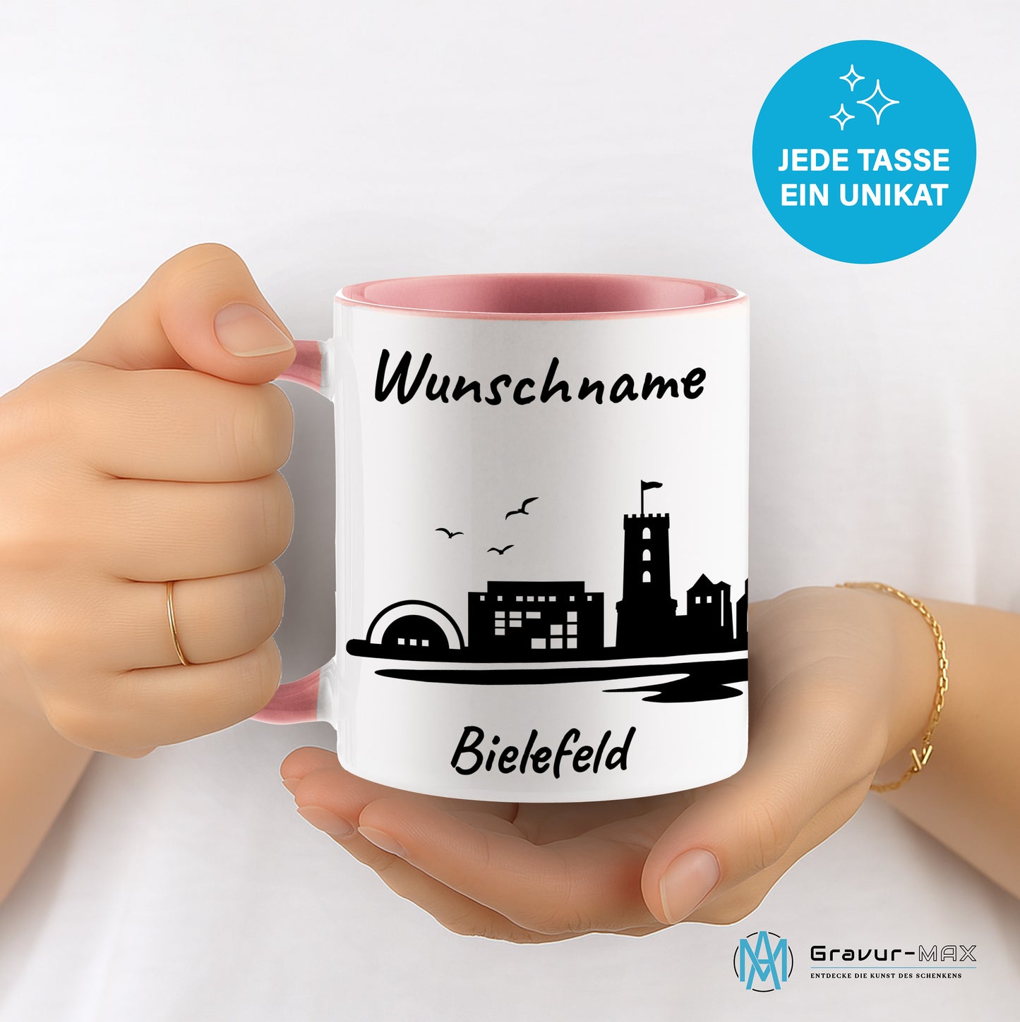 Tasse in Rosa 330ml bedruckt mit der Skyline von Bielefeld personalisierbar mit Wunschname