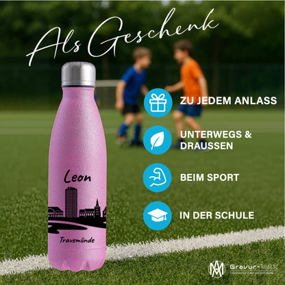 Glitzer Trinkflasche in Rosa 500ml aus Edelstahl bedruckt mit der Skyline von Travemünde personalisierbar mit Wunschname