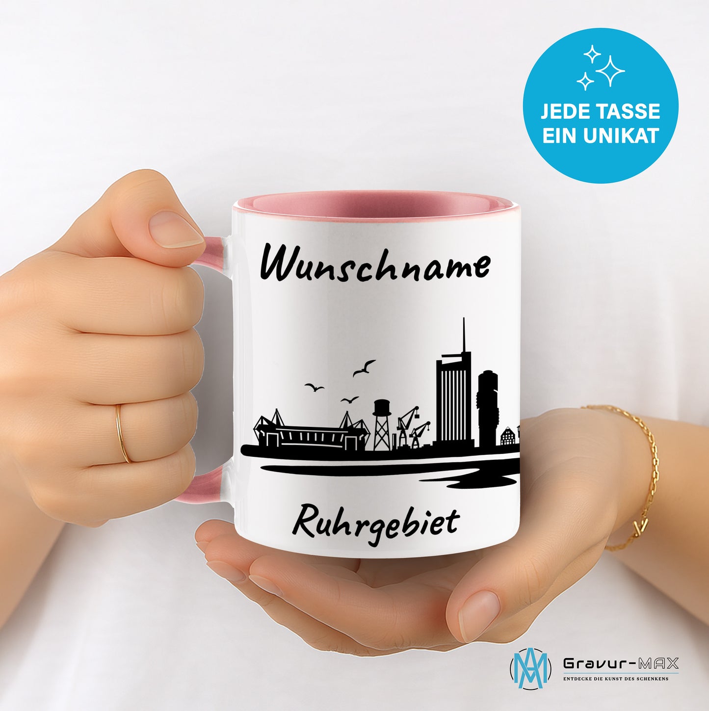 Tasse in Rosa 330ml bedruckt mit der Skyline von Ruhrgebiet personalisierbar mit Wunschname