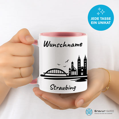 Tasse in Rosa 330ml bedruckt mit der Skyline von Straubing personalisierbar mit Wunschname