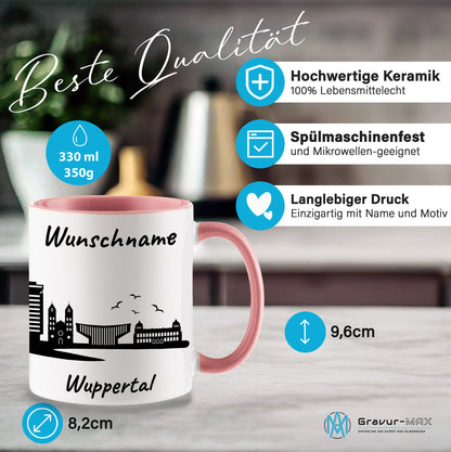 Tasse in Rosa 330ml bedruckt mit der Skyline von Wuppertal personalisierbar mit Wunschname
